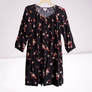 J. Jill Black Multi Floral Print Shirt Dress Button Front Prairie Cottagecore